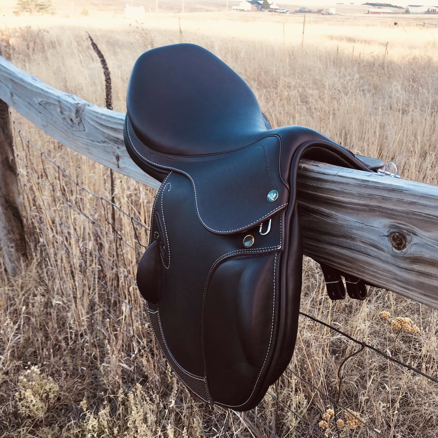 Prestige Passion Jump Saddle sitting on a fence